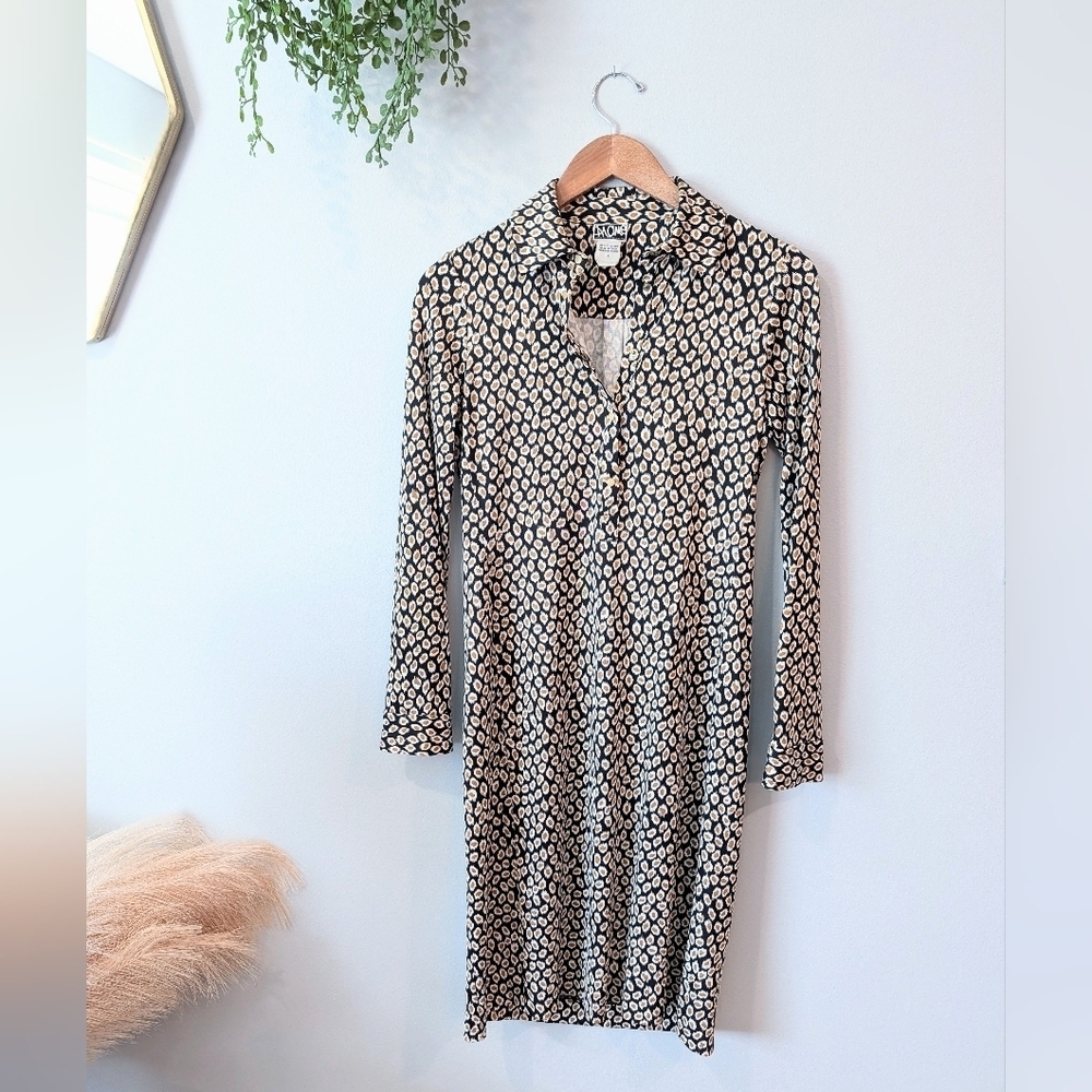 Diane Von Furstenberg Black, White And Mustard Patterned Dress Sz 4 Silk